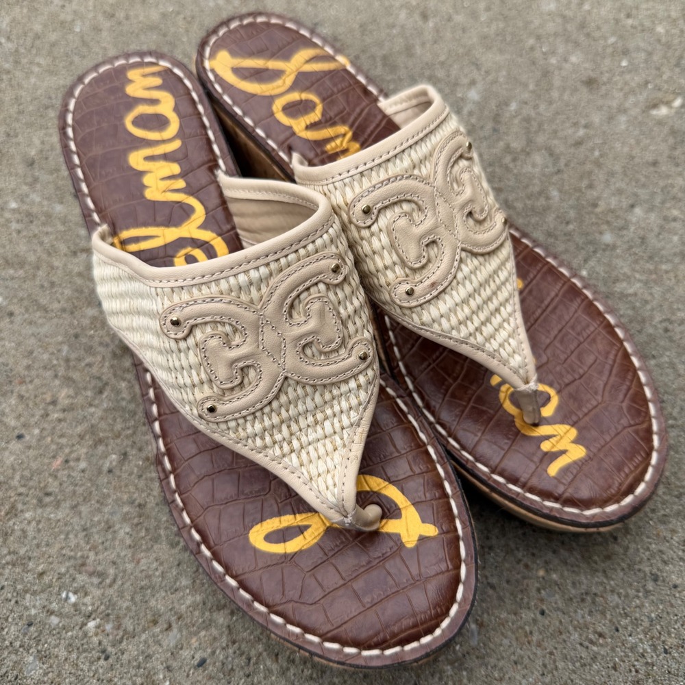 Sam Edelman Ruth Cream Woven Cork Wedge Platform Thong Sandals Womens 9 M EU 40